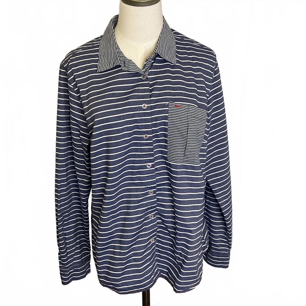 Nexx NY Women's Size Large Blue White Striped Long Sleeve Button Down Shirt Top